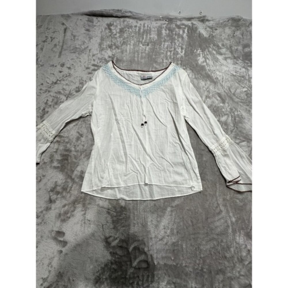 Anchor Blue Blouse Pullover Women's Size Large White Long Sleeve Semi-Sheer Flaw